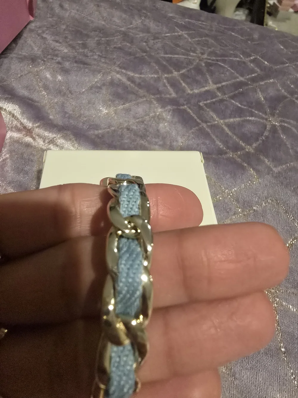Chanel Silver Chain Bracelet with Light Blue Woven Band